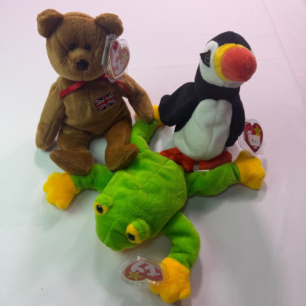 Ty Beanie Babies 1997 Lot Britannia Bear Puffer Puffin Smoochy Frog Plush Toy